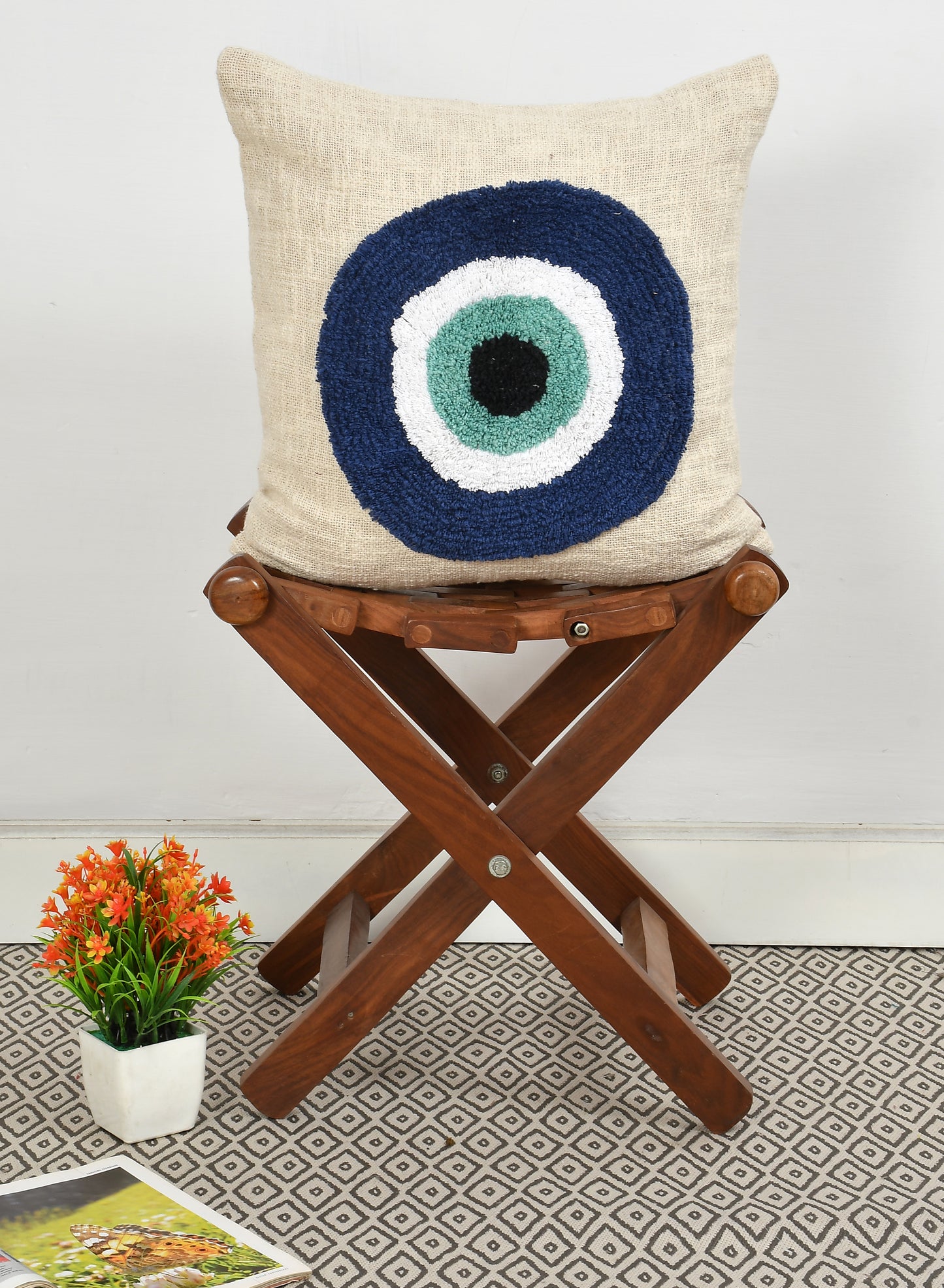 🧿 Tufted Evil Eye Cushion Cover | Handcrafted Cotton | 16x16 Inches