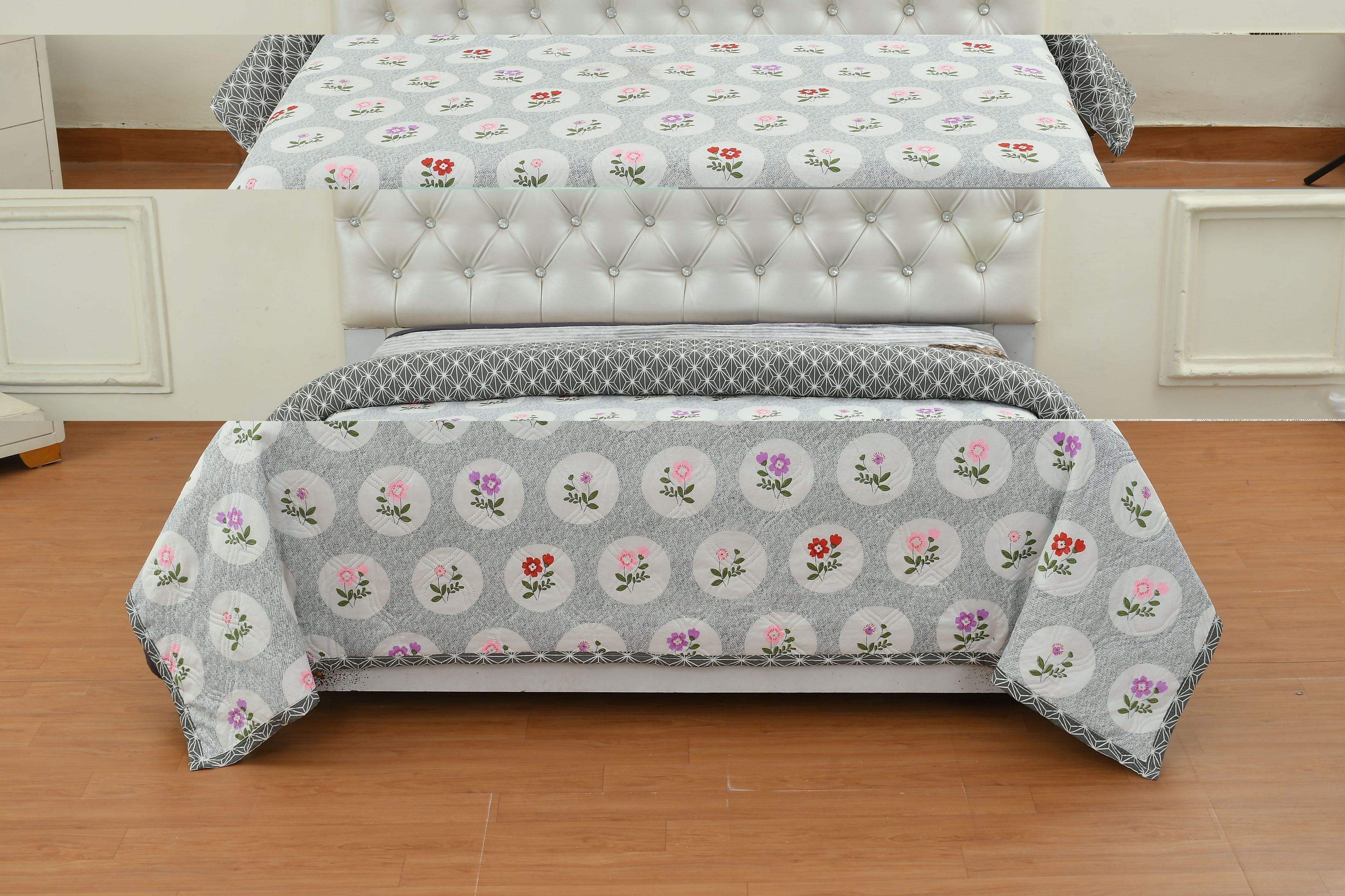 Ultrasonic Quilted Reversible Comforter – Floral Circle Grey | 75×90 inches