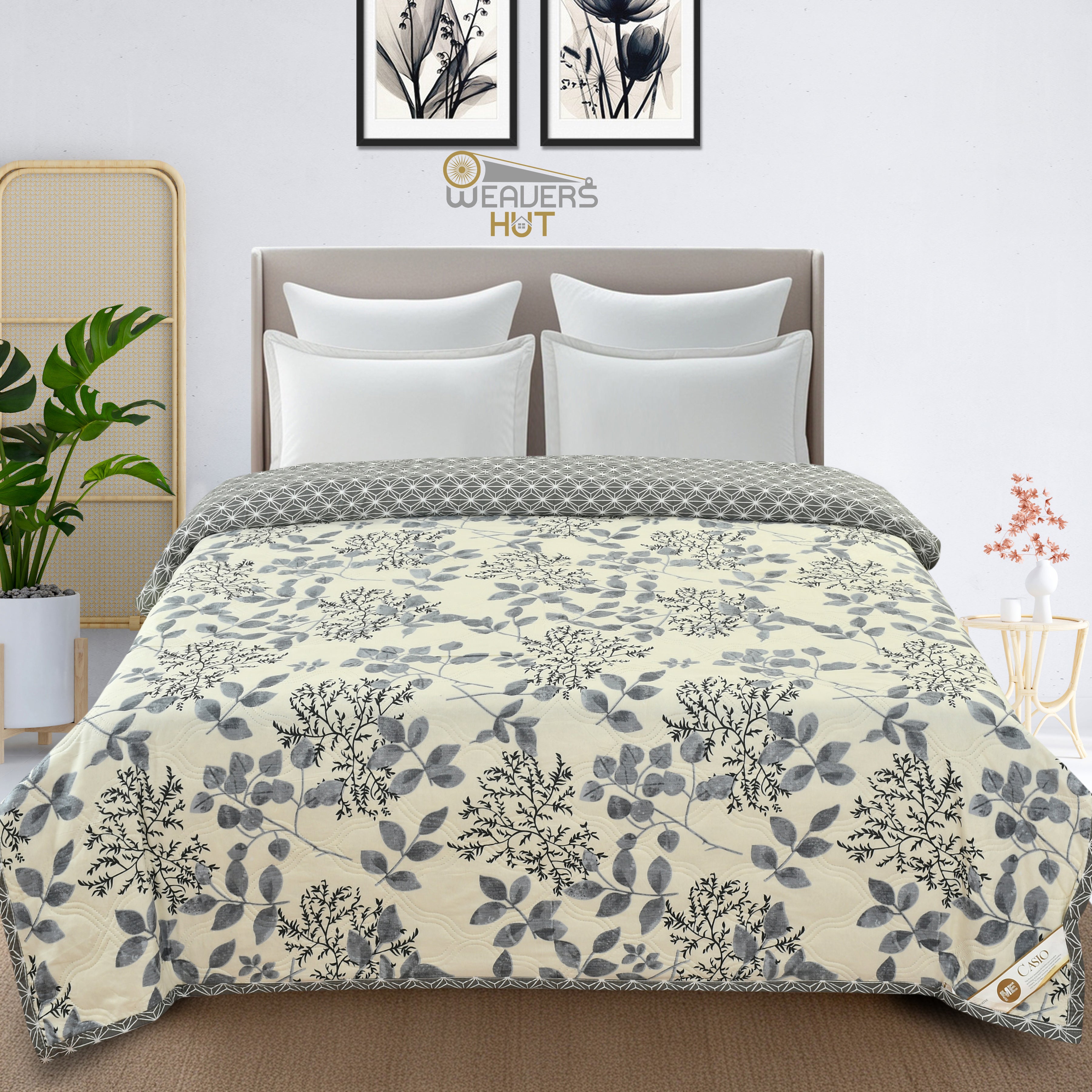 Ultrasonic Quilted Reversible Comforter – Grey Floral | 75×90 inches