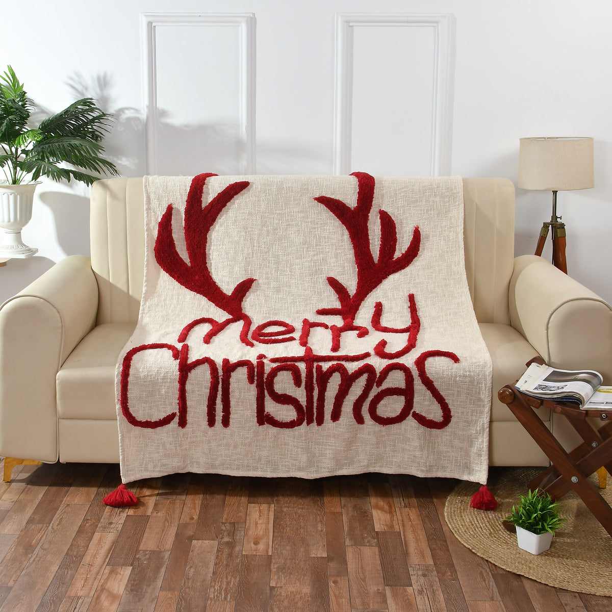 Cotton Christmas Tufted Throw 50x60 – Merry Christmas Reindeer