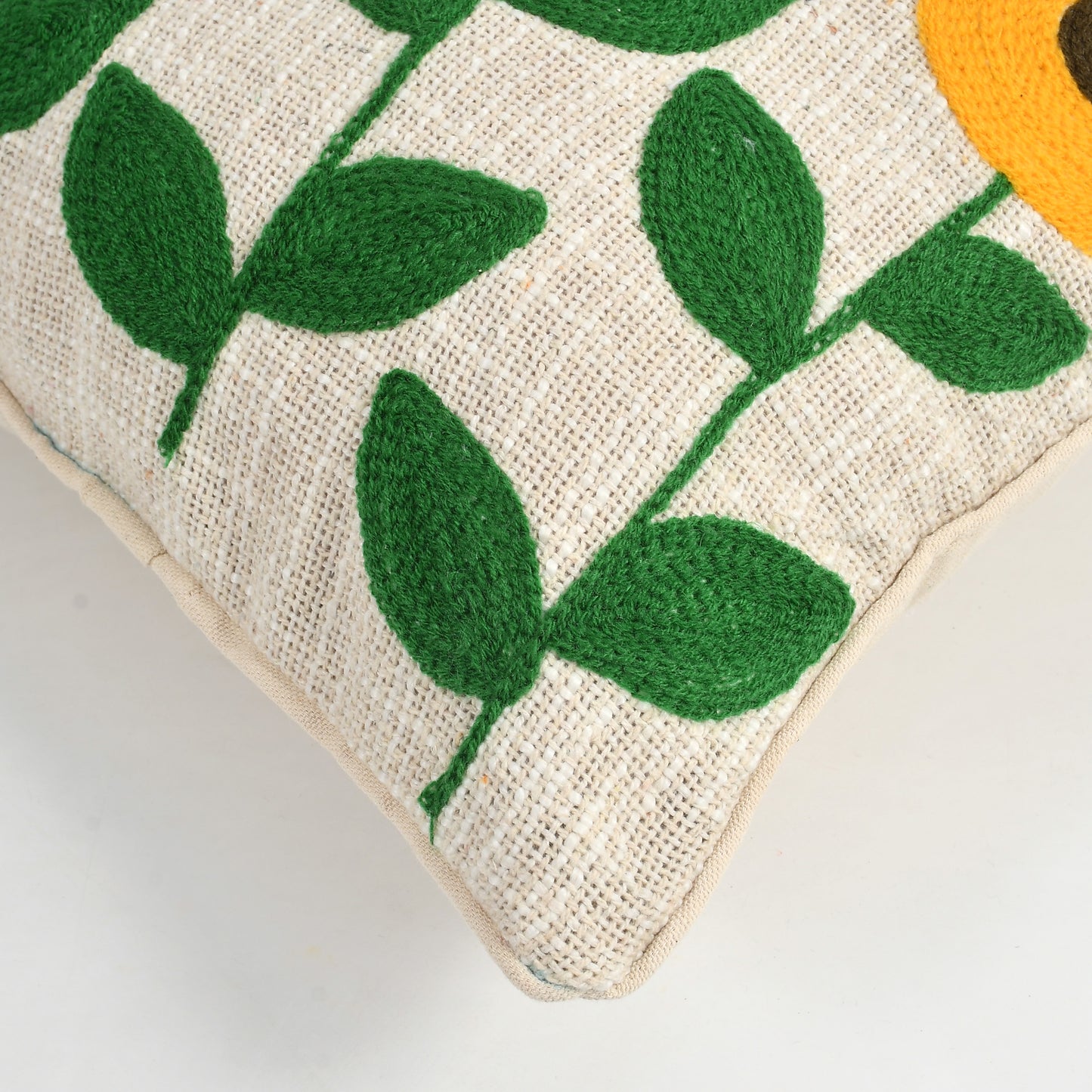 Hand Embroidered Cotton Cushion Cover | Floral Design | 16 x 16 Inch (40 x 40 cm) | Beige