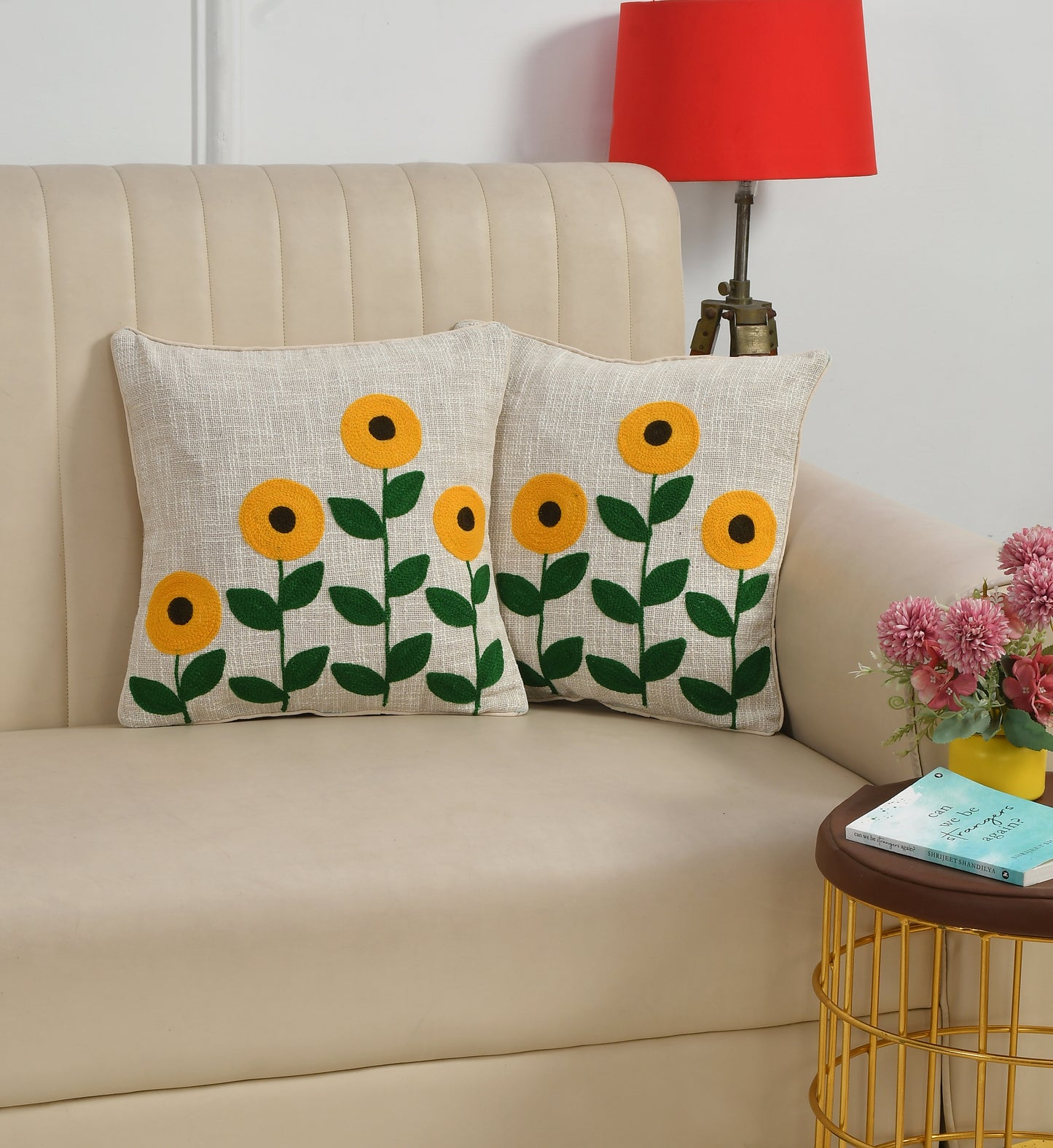 Hand Embroidered Cotton Cushion Cover | Floral Design | 16 x 16 Inch (40 x 40 cm) | Beige