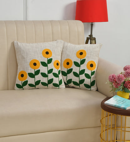 Hand Embroidered Cotton Cushion Cover | Floral Design | 16 x 16 Inch (40 x 40 cm) | Beige