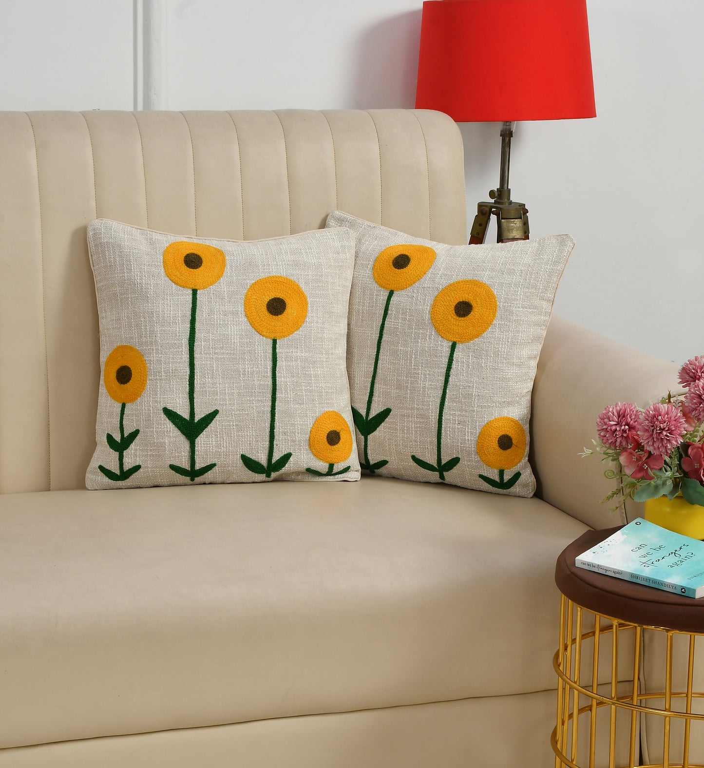 Hand Embroidered Cotton Cushion Cover | Floral Design | 16 x 16 Inch (40 x 40 cm) | Beige