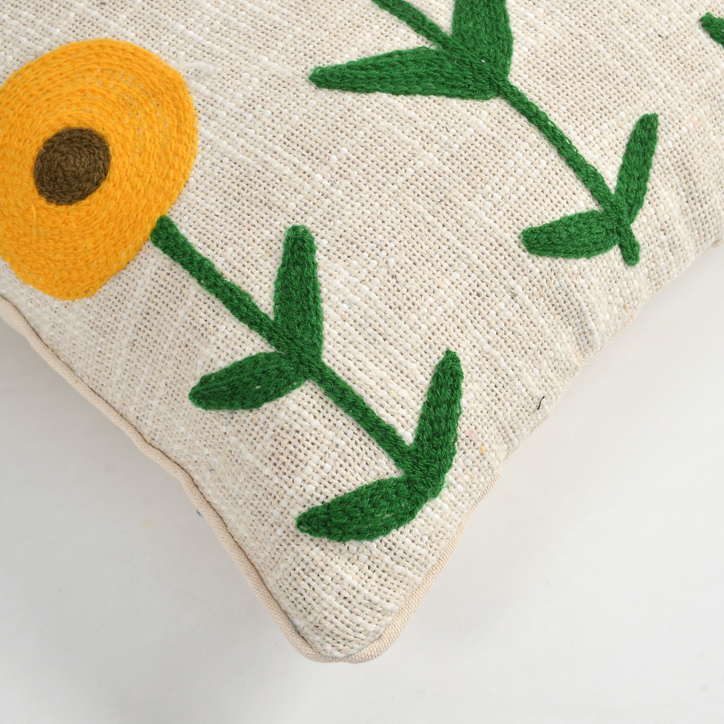 Hand Embroidered Cotton Cushion Cover | Floral Design | 16 x 16 Inch (40 x 40 cm) | Beige