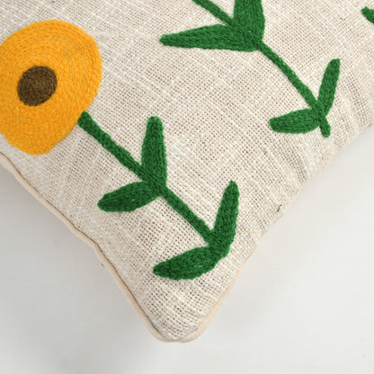Hand Embroidered Cotton Cushion Cover | Floral Design | 16 x 16 Inch (40 x 40 cm) | Beige