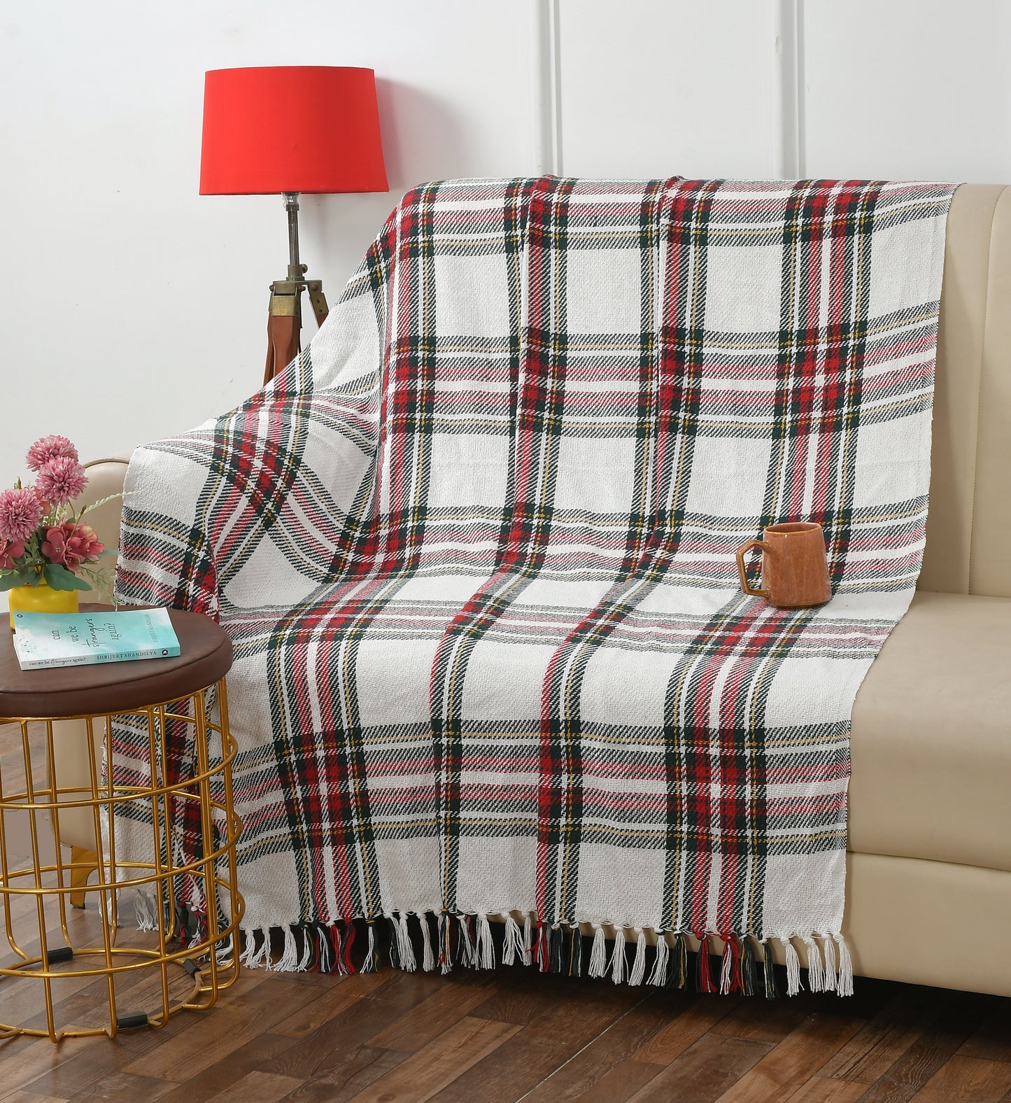 Handwoven Cotton Throw Blanket – Cream Base with Red & Black Checks | Soft Sofa & Bed Throw with Tassels (130×170 cm)