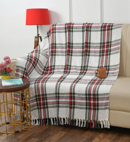 Handwoven Cotton Throw Blanket – Cream Base with Red & Black Checks | Soft Sofa & Bed Throw with Tassels (130×170 cm)