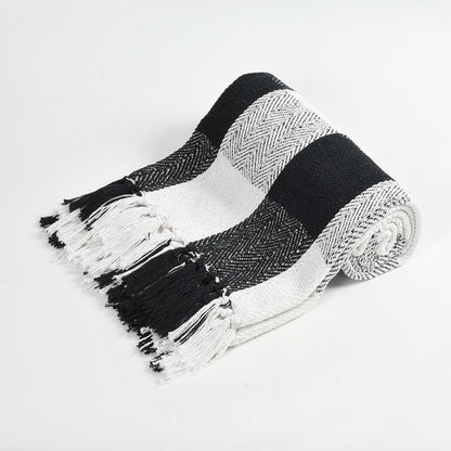 Handwoven Cotton Throw Blanket – Black & White Checkered | Soft Sofa & Bed Throw with Tassels (130×170 cm)