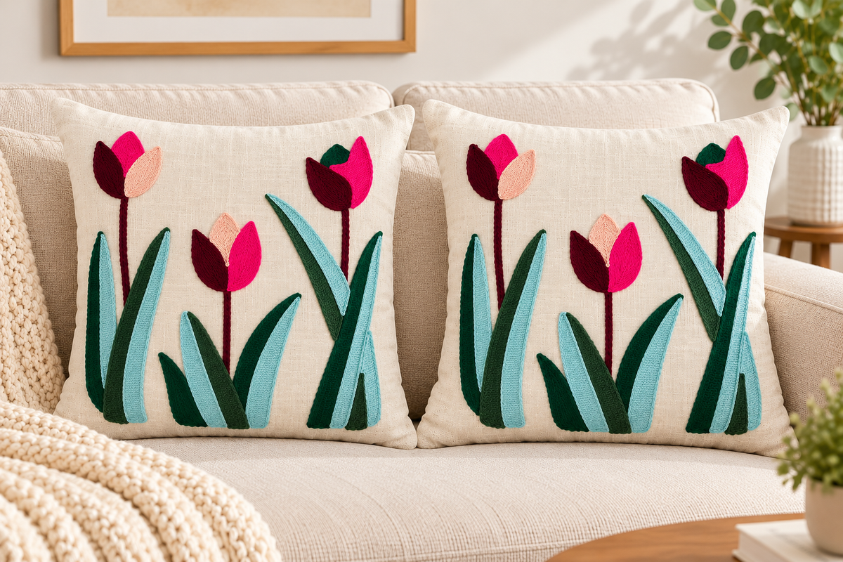 Hand Embroidered Tulip Cushion Cover | Multicolor Floral Cushion Cover