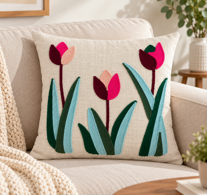 Hand Embroidered Tulip Cushion Cover | Multicolor Floral Cushion Cover