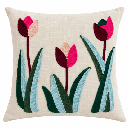 Hand Embroidered Tulip Cushion Cover | Multicolor Floral Cushion Cover