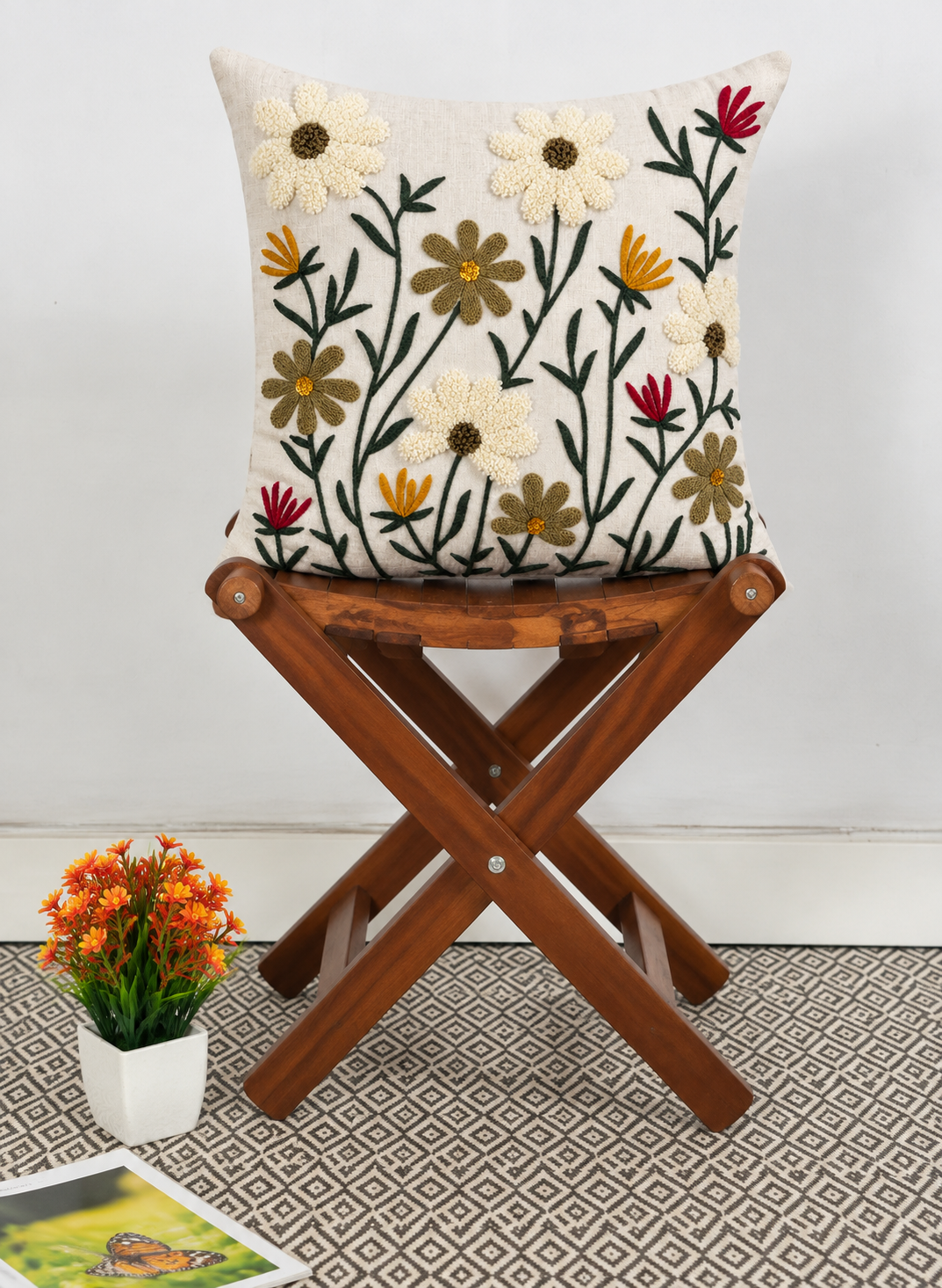 Hand Embroidered Floral Cushion Cover 16x16 Inch (40x40 CM) | Multicolor