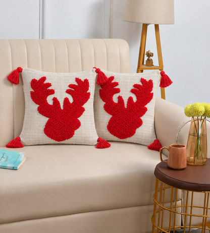 Christmas Reindeer Tufted Cushion Covers with Red Tassels – 16x16 Inches