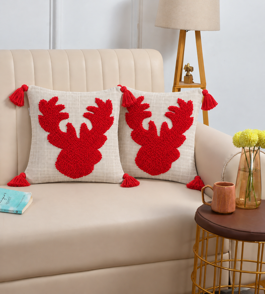 Christmas Reindeer Tufted Cushion Covers with Red Tassels – 16x16 Inches