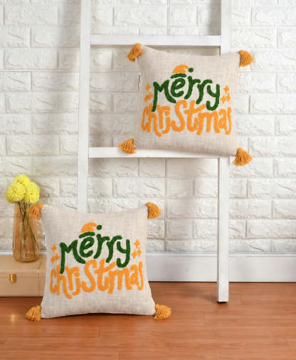 Merry Christmas Tufted Embroidered Cushion Cover with Tassels – 16 x 16 Inch