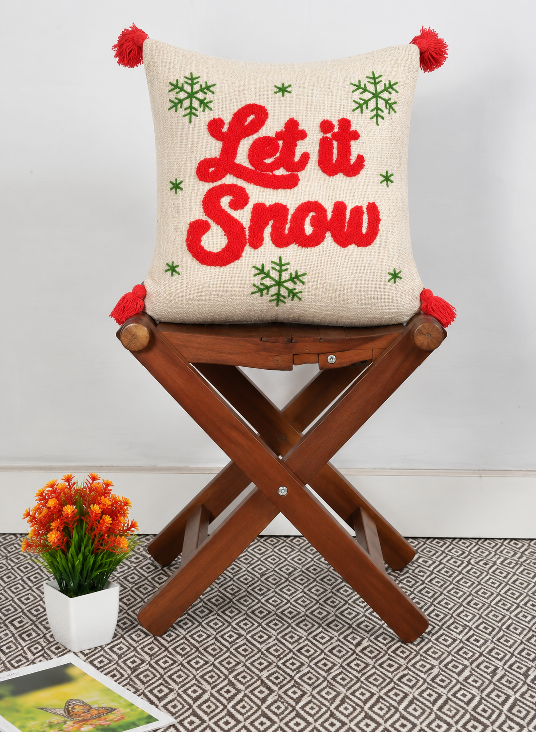 Let It Snow Tufted Christmas Cushion Cover with Tassels – 16 x 16 Inch