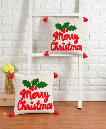 Merry Christmas Tufted Cushion Cover with Holly Embroidery & Tassels – 16 x 16 Inch