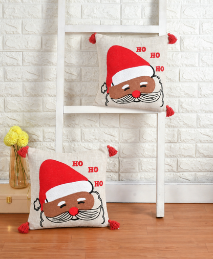 Santa Claus Christmas Tufted Cushion Cover – Ho Ho Ho Design – 16 x 16 Inch