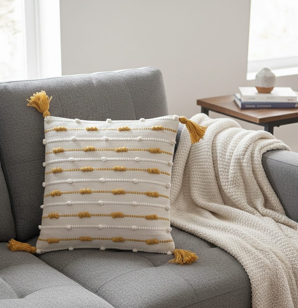Handwoven Textured Cushion Cover with Tassels – Ivory & Mustard | 40x40 cm (16x16 Inch)