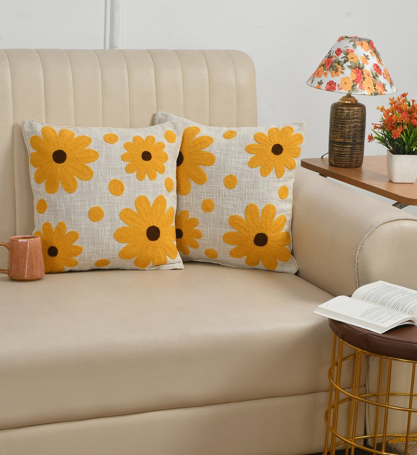Hand Tufted Cotton Cushion Cover with Yellow Floral Design - 16x16 Inch (40x40 cm)