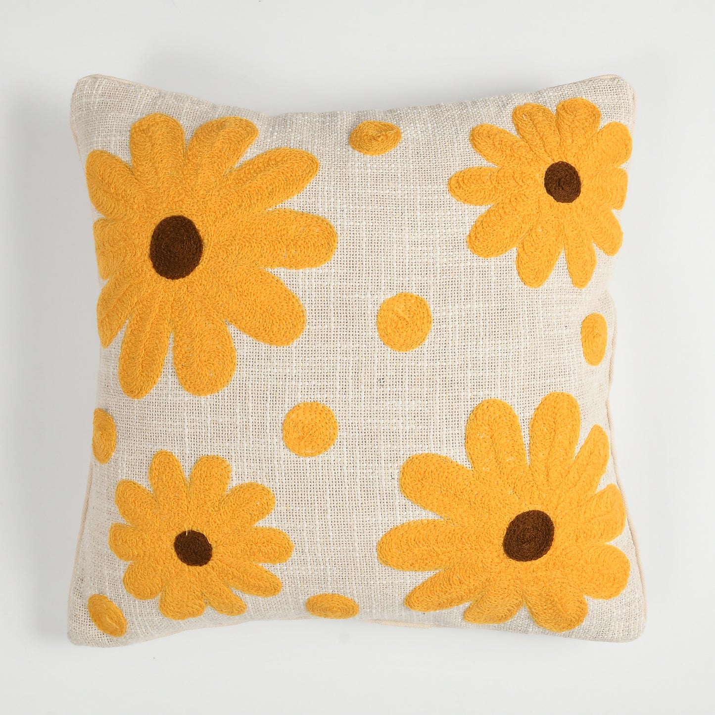 Hand Tufted Cotton Cushion Cover with Yellow Floral Design - 16x16 Inch (40x40 cm)