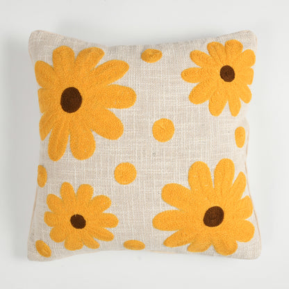 Hand Tufted Cotton Cushion Cover with Yellow Floral Design - 16x16 Inch (40x40 cm)