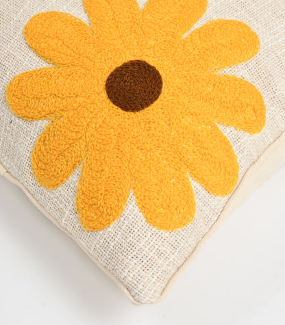 Hand Tufted Cotton Cushion Cover with Yellow Floral Design - 16x16 Inch (40x40 cm)