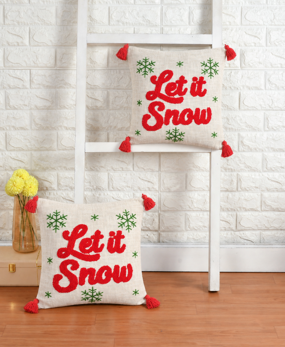 Let It Snow Tufted Christmas Cushion Cover with Tassels – 16 x 16 Inch