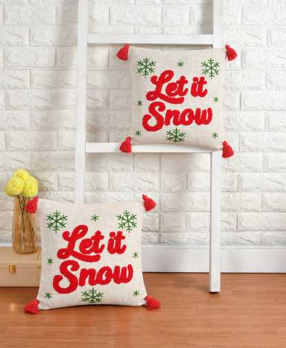 Let It Snow Tufted Christmas Cushion Cover with Tassels – 16 x 16 Inch