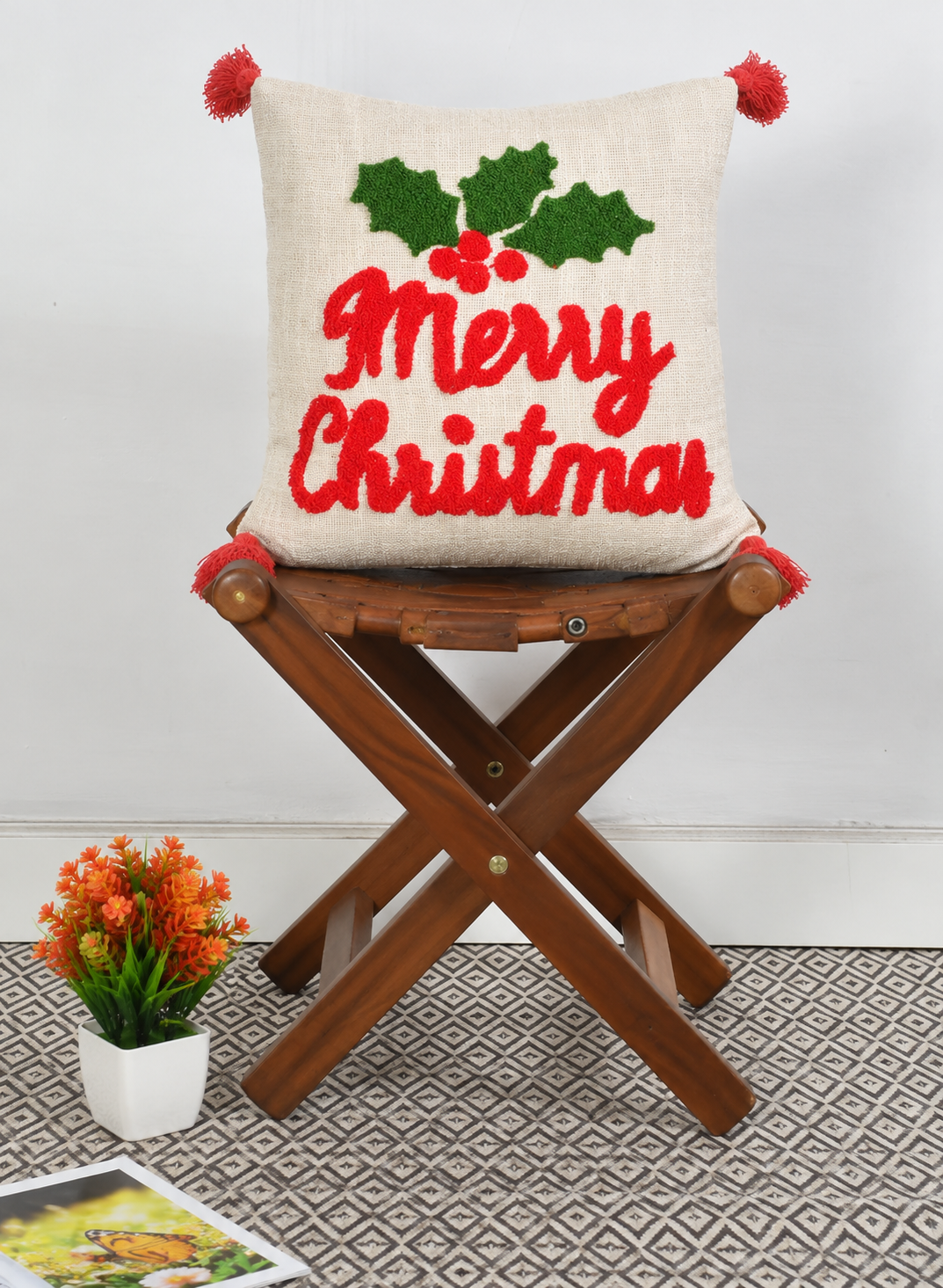 Merry Christmas Tufted Cushion Cover with Holly Embroidery & Tassels – 16 x 16 Inch