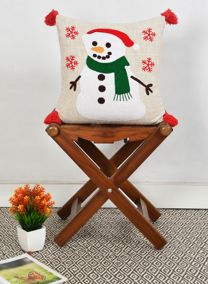 Snowman Christmas Tufted Cushion Cover with Red Tassels – 16 x 16 Inch