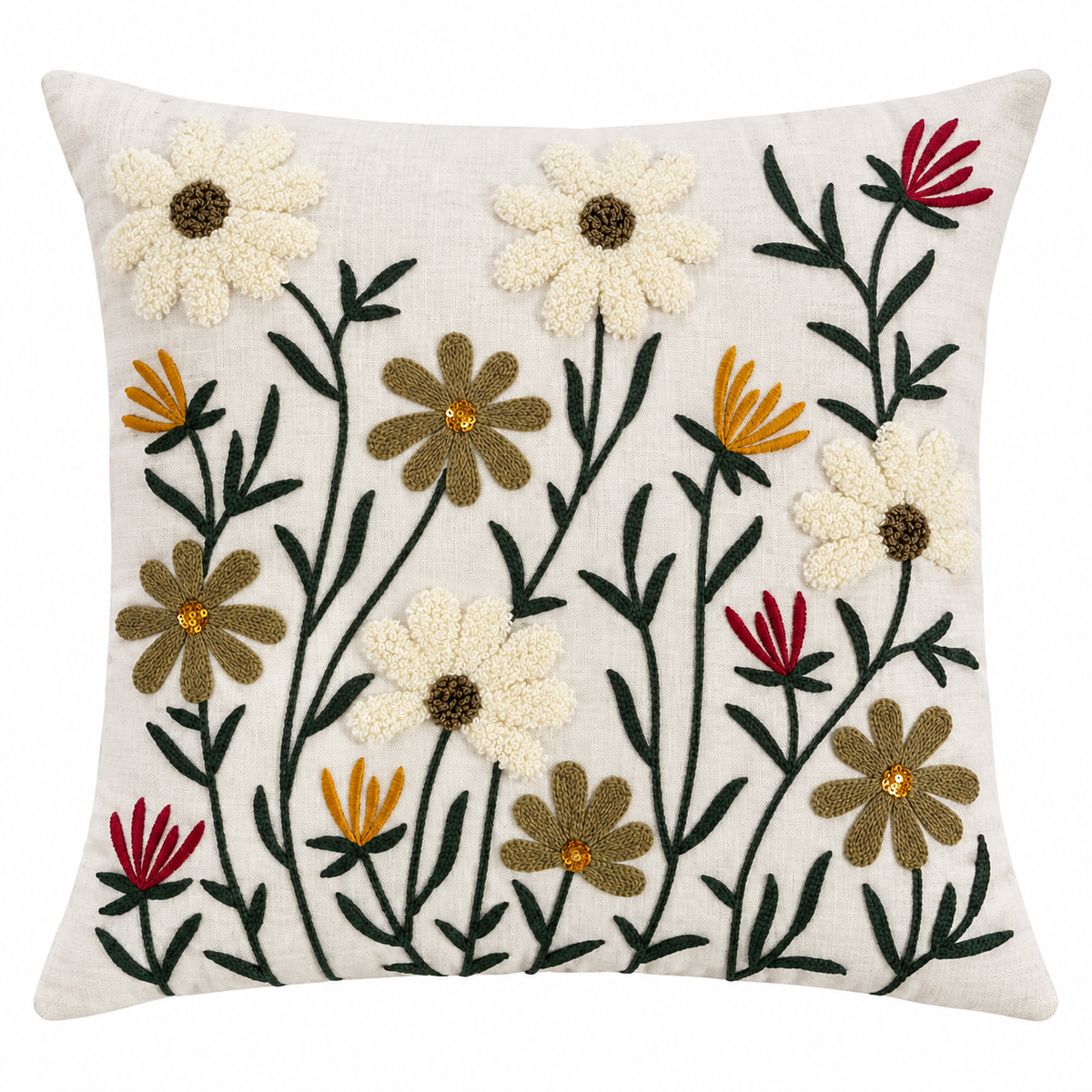 Hand Embroidered Floral Cushion Cover 16x16 Inch (40x40 CM) | Multicolor