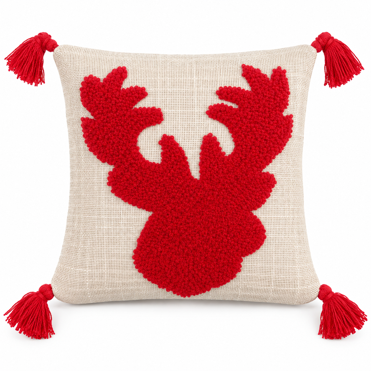 Christmas Reindeer Tufted Cushion Covers with Red Tassels – 16x16 Inches