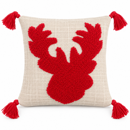 Christmas Reindeer Tufted Cushion Covers with Red Tassels – 16x16 Inches