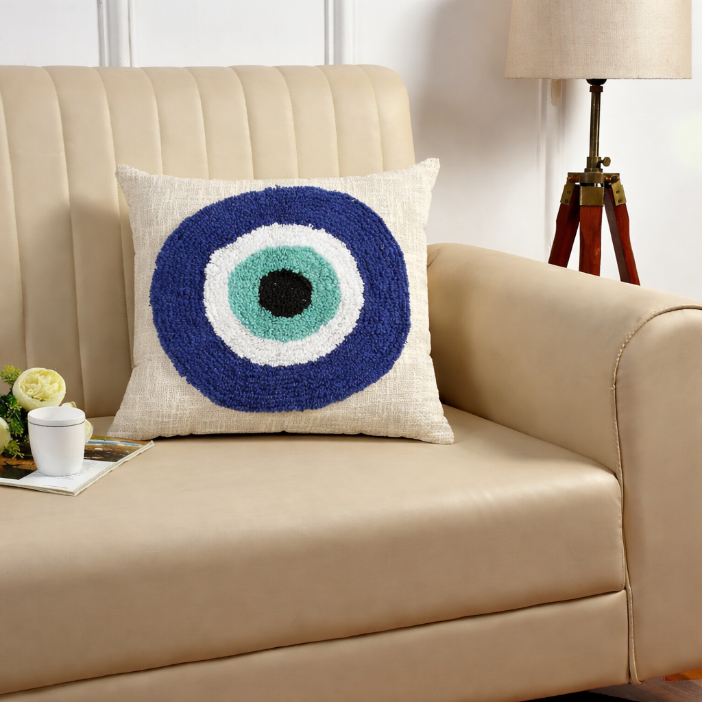 🧿 Tufted Evil Eye Cushion Cover | Handcrafted Cotton | 16x16 Inches