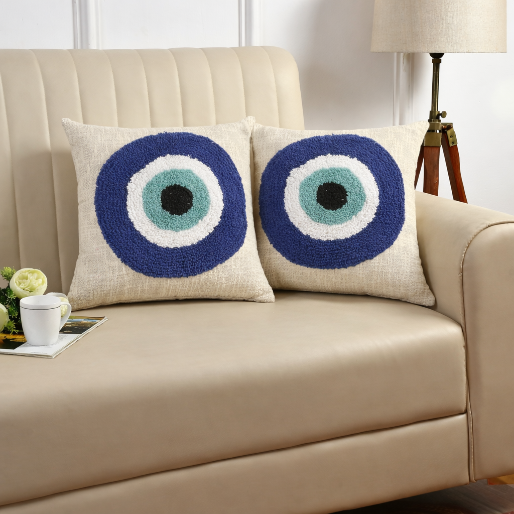 🧿 Tufted Evil Eye Cushion Cover | Handcrafted Cotton | 16x16 Inches