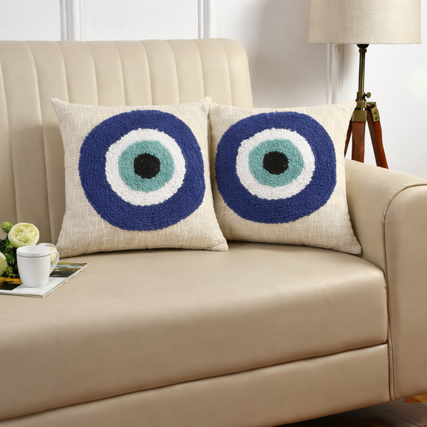 🧿 Tufted Evil Eye Cushion Cover | Handcrafted Cotton | 16x16 Inches
