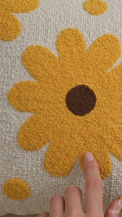 Hand Tufted Cotton Cushion Cover with Yellow Floral Design - 16x16 Inch (40x40 cm)