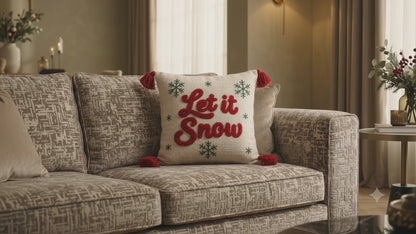 Let It Snow Tufted Christmas Cushion Cover with Tassels – 16 x 16 Inch