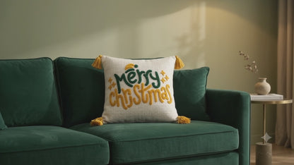 Merry Christmas Tufted Embroidered Cushion Cover with Tassels – 16 x 16 Inch