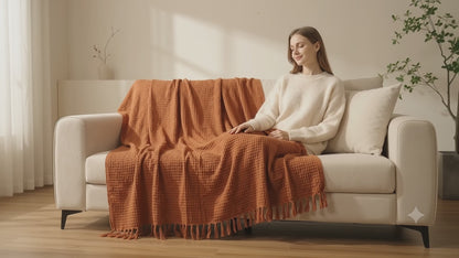 Weavers Hut 100% Cotton Waffle Throw Blanket with Tassels – Soft Breathable Sofa & Bed Throw for Couch, Living Room & Bedroom – Rust – 125 x 150 cm (50 x 60 Inches)