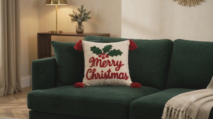 Merry Christmas Tufted Cushion Cover with Holly Embroidery & Tassels – 16 x 16 Inch
